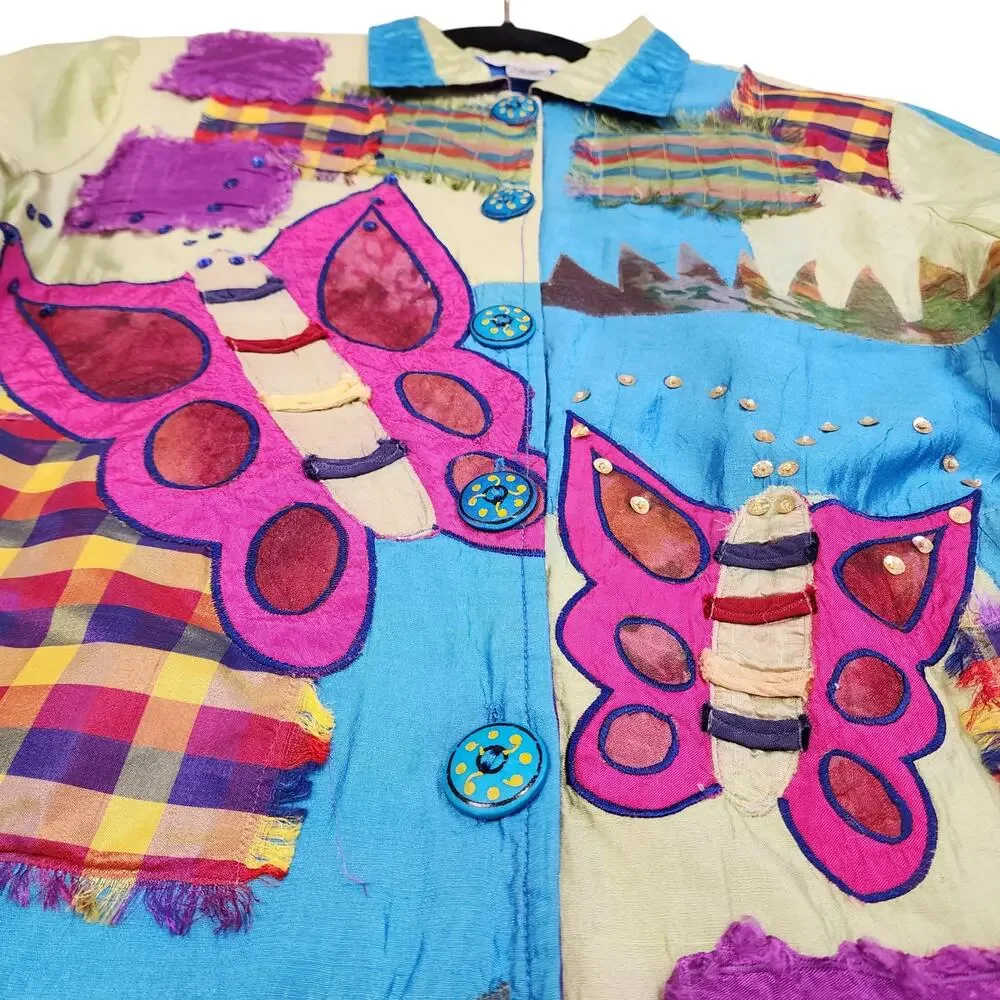 Minnie's‎ Closet Womens Vintage Silk Patchwork Jacket Medium Colorful Butterfly